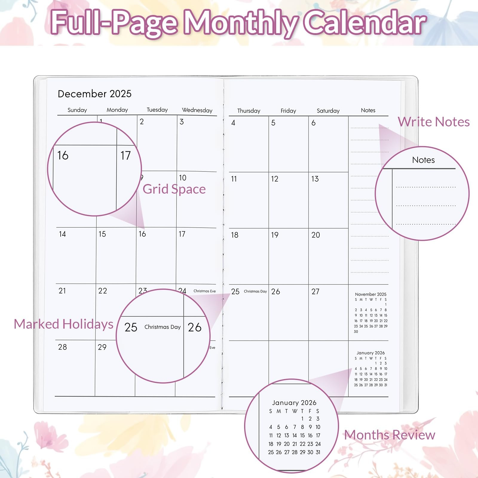 Pocket Calendar 2026-2027 Floral Monthly Planner 3.7×6.7 PVC Cover Organizer