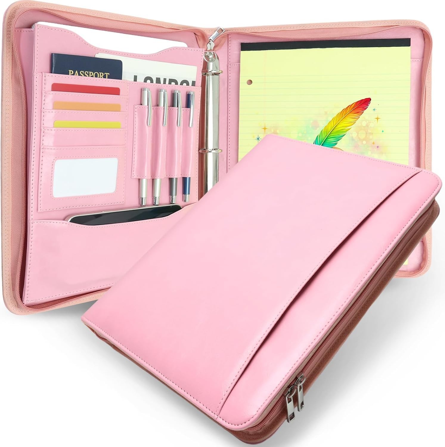 Faux Leather Zippered Padfolio with 3 Ring Binder, Executive Portfolio Organi…