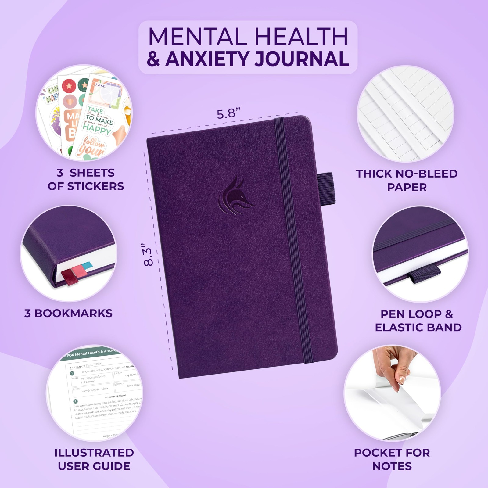 Clever Fox Mental Health & Anxiety Journal – Guided A5 (5.8″ x 8.3″), Purple