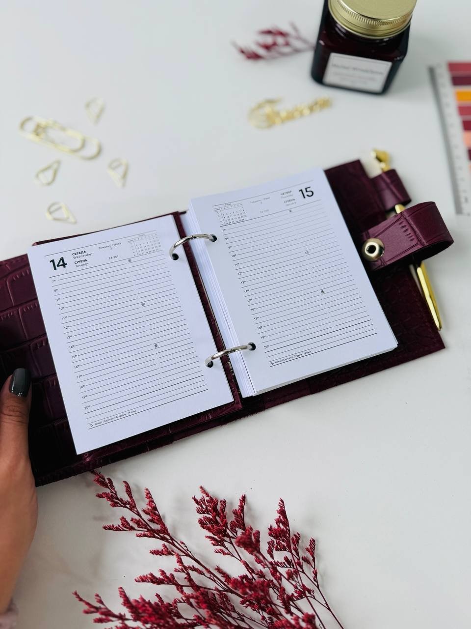 Burgundy leather notebook-wallet cover A7 Big rings mini wallet. Mini Planner.