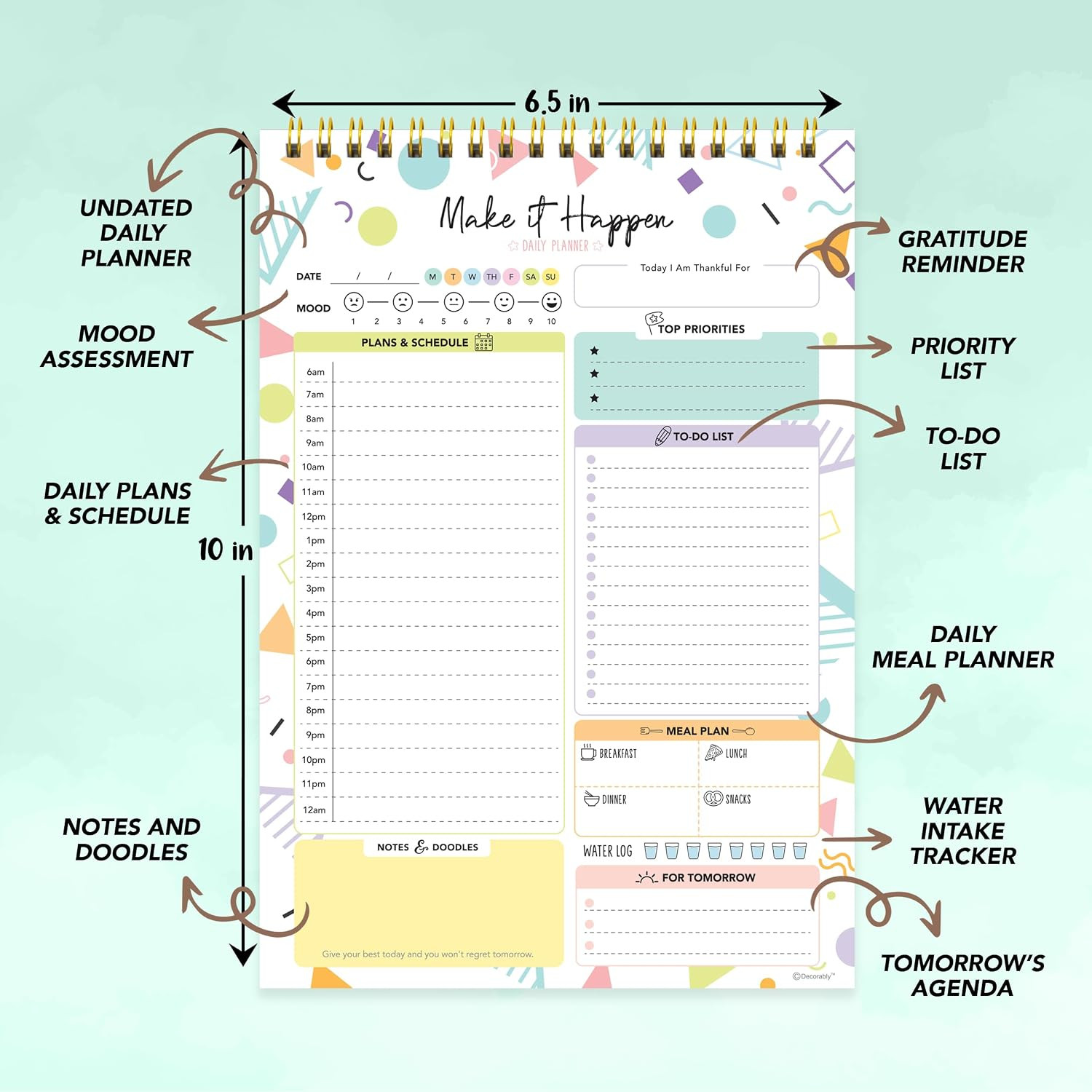 Decorably 52 Sheets Colorful Pastel Undated Daily Planner Pad – 6.5X10In Spring-