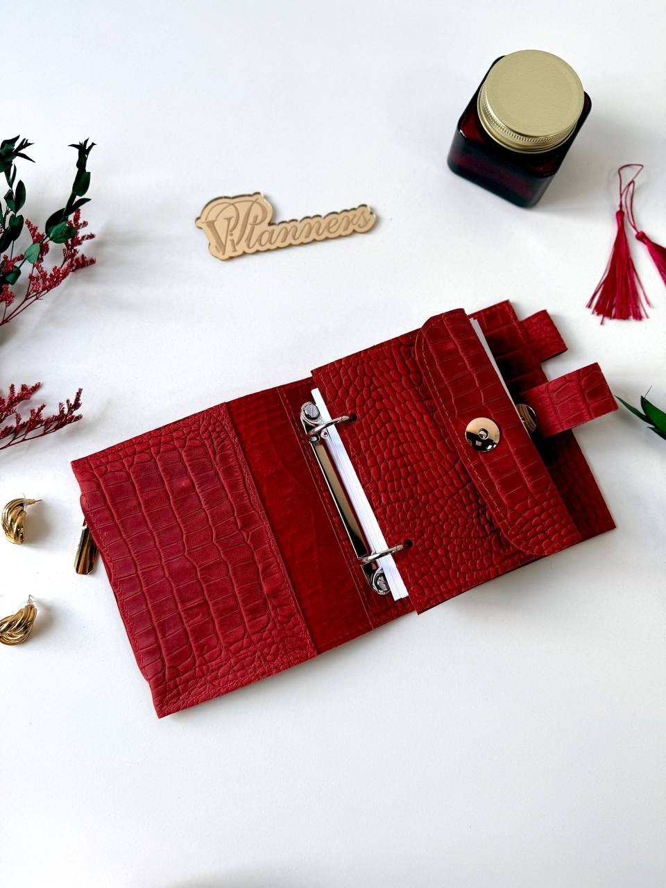 Mini red leather notebook-wallet cover A7 Big rings mini wallet. Mini Planner.