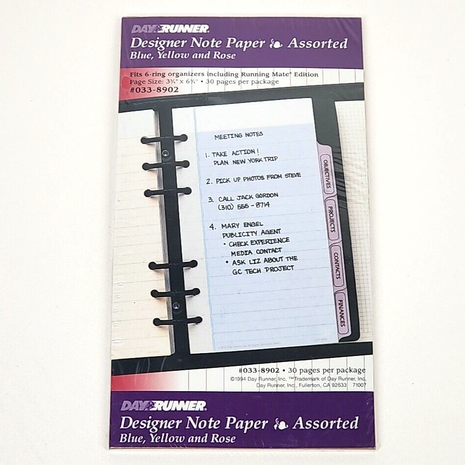 Day Runner Designer Note Paper Asst Refill Pages 033-8902 1994 New 6 Ring 3¾X6¾