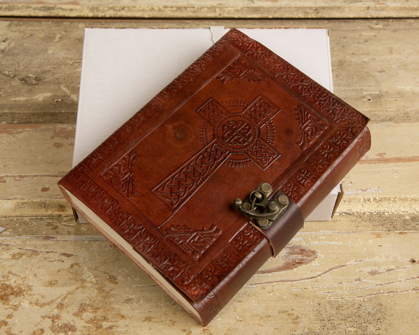 Leather Celtic Cross Journal w/ Lock/Latch ~ 200 5″x7″ ‘Vellum’ Pages Handmade