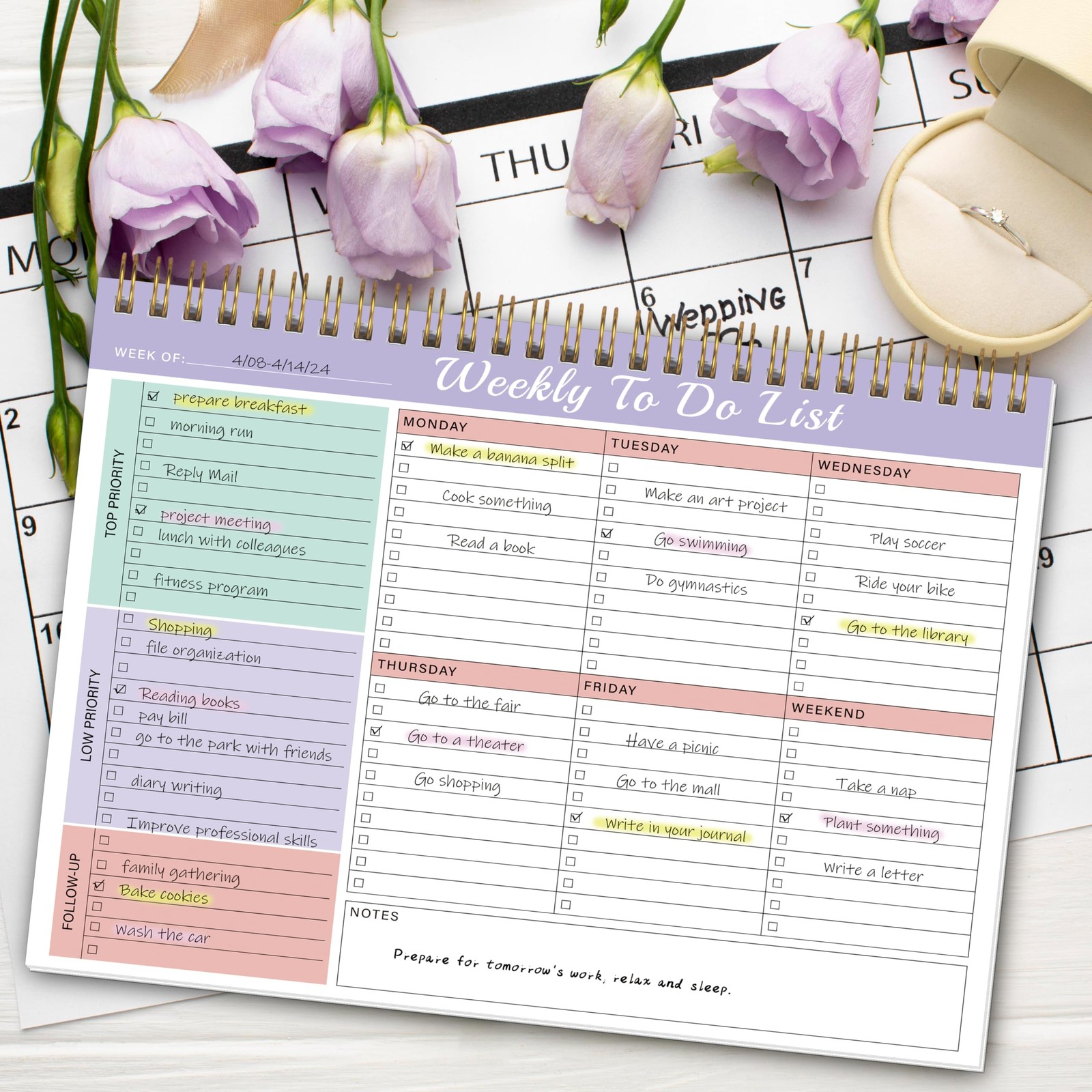 Kamoy Weekly To Do List Notepad with 52 Undated Violet Dream