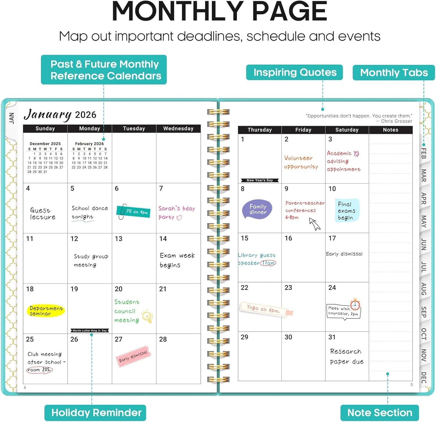 2026 Planner Weekly Monthly Calendar A5 Hardcover Spiral Book with TabsAquamarin