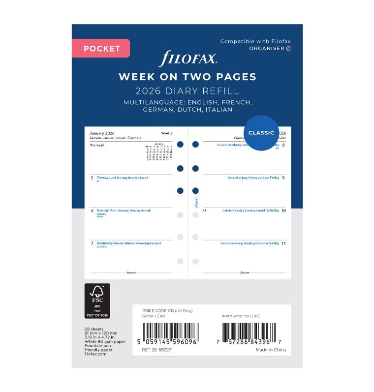 Calendar Diary Refill Pocket Size Week-to-View White Paper 2026 C68227-26