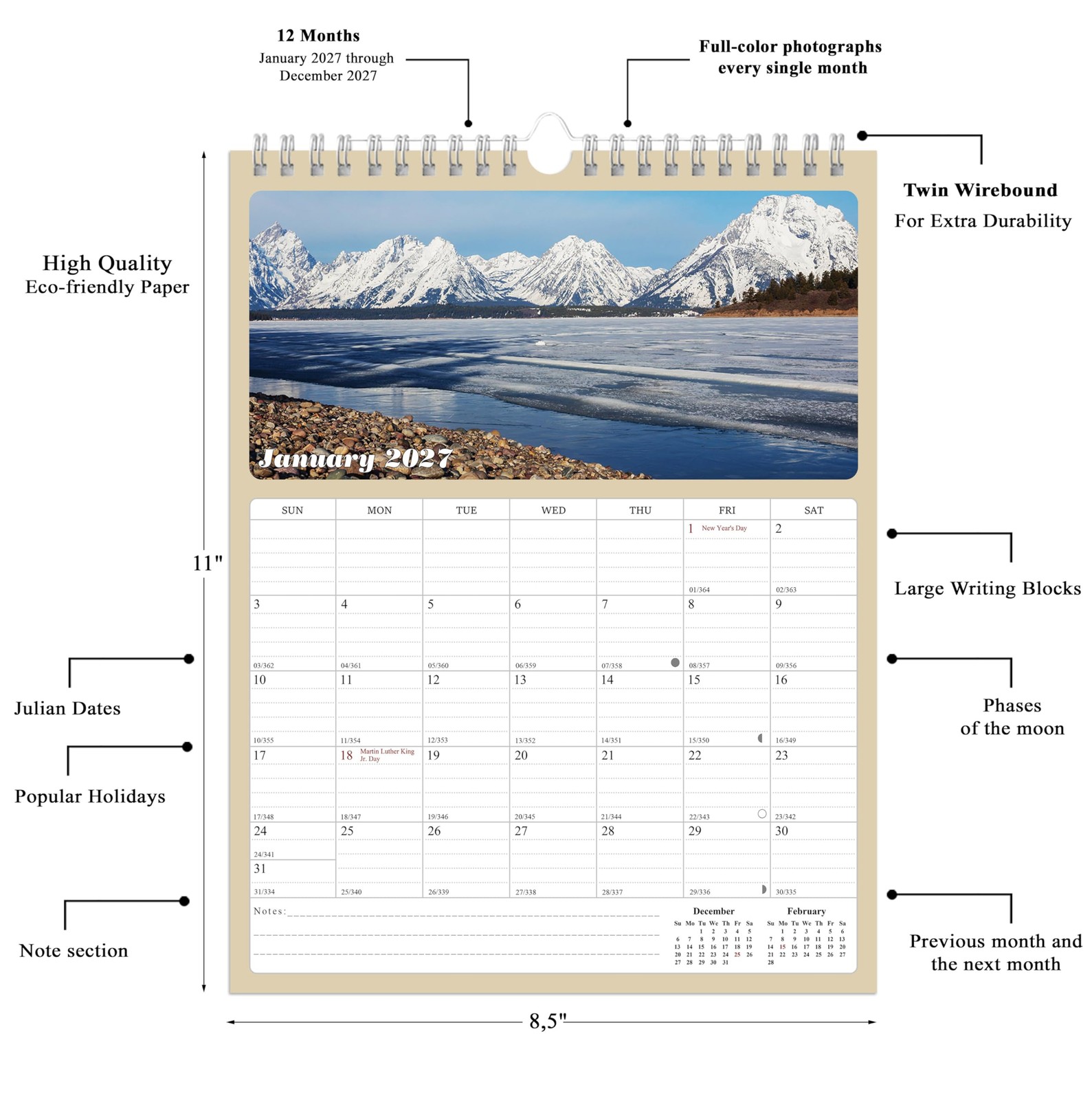 2026 Wall Calendar Spiral-bound Twin-Wire Binding – 12 Months multicolor
