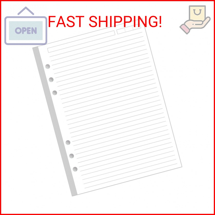 6-Hole Lined Paper Refills for A5 Ring Binder – 100 Sheets/200 Pages Loose Leaf