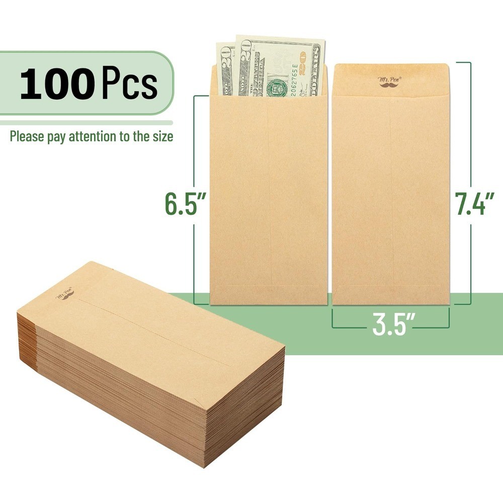 Cash Envelopes 6.5 x 3.5 Inch, 100-Pack Kraft Paper Self-Adhesive Budgeting