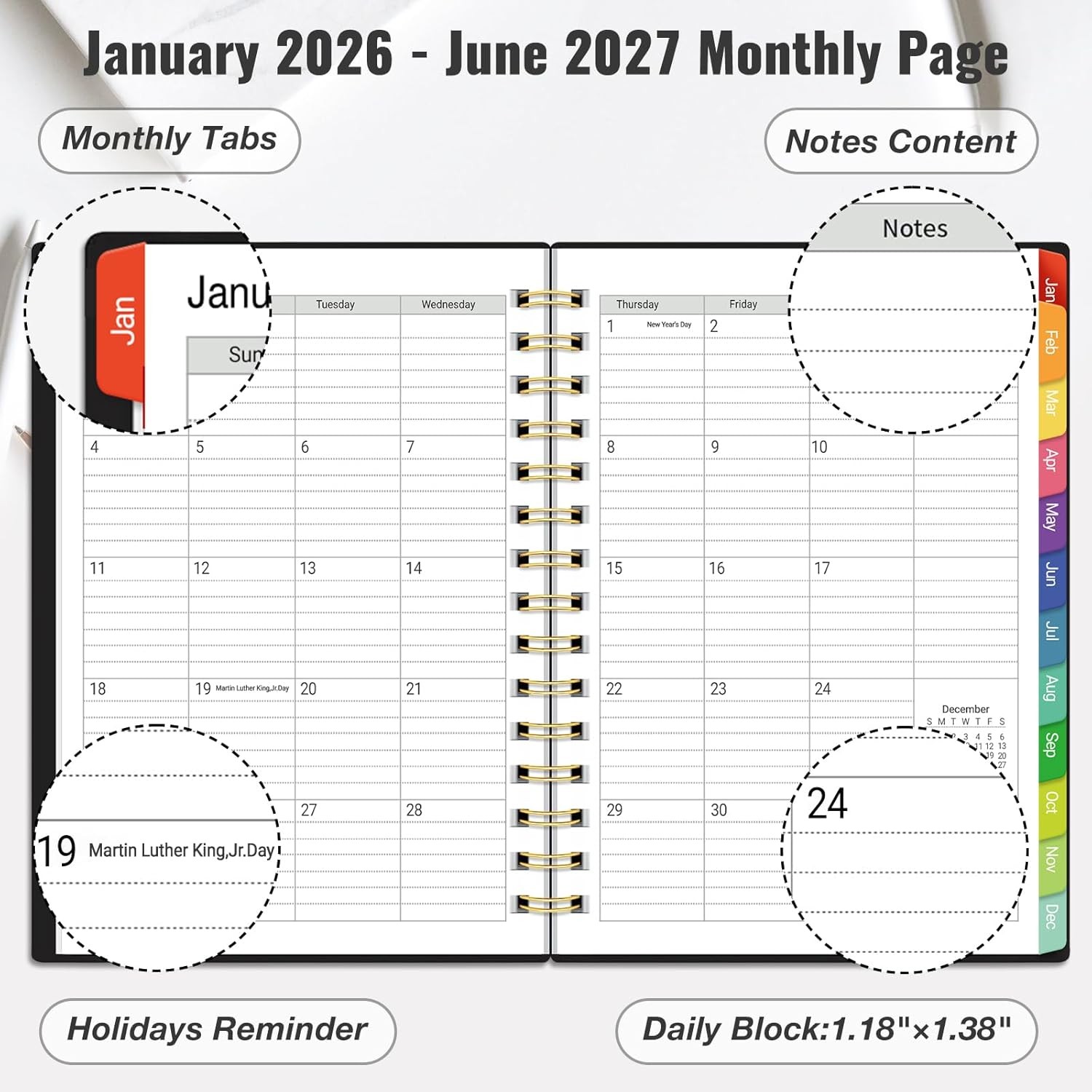 Daily Planner 2026-2027, 18 Month Planner with Tabs, January 2026 – June 2027 We