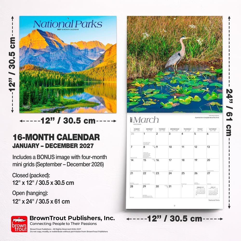 National Parks | 2027 12×24″ (Hanging) Square Wall Calendar | Plastic-Free