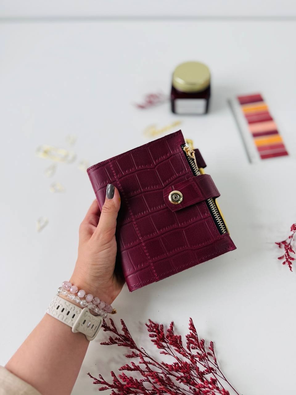 Burgundy leather notebook-wallet cover A7 Big rings mini wallet. Mini Planner.