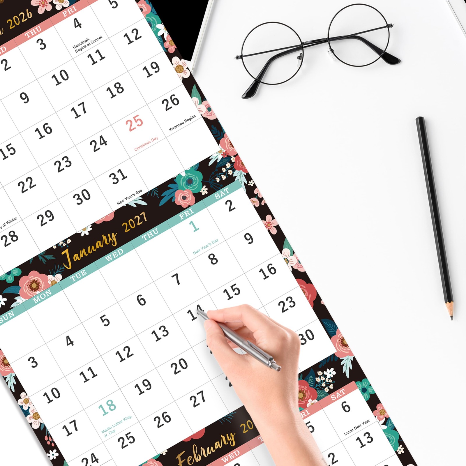 2027 Wall Calendar – 3-Month Display Vertical Calendar, 2027 11″ x 26″, Black