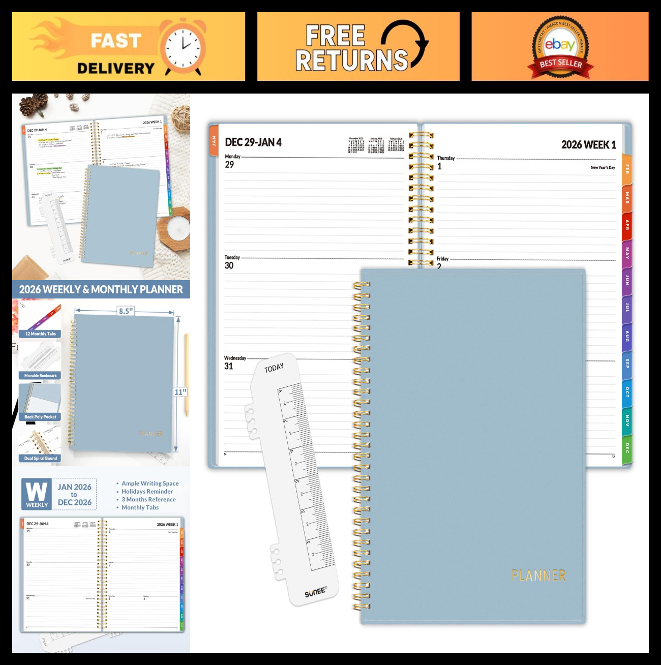 2026 Weekly & Monthly Planner – Daily Agenda, Flexible Cover, Tabs, Pockets, 8.5