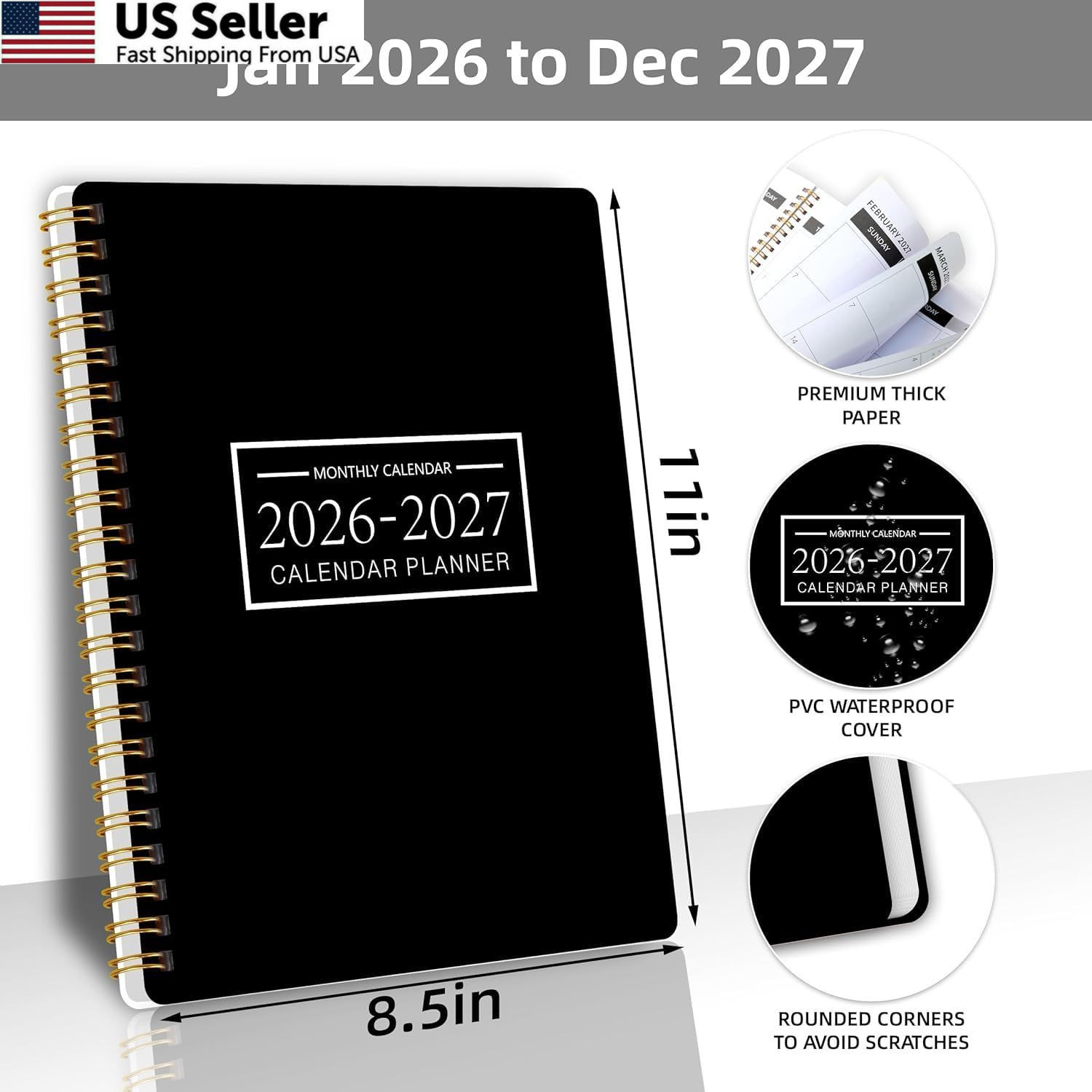 Monthly Planner 2026-2027, 2 year calendar A4( Jan 2026-Dec 2027 ), Black