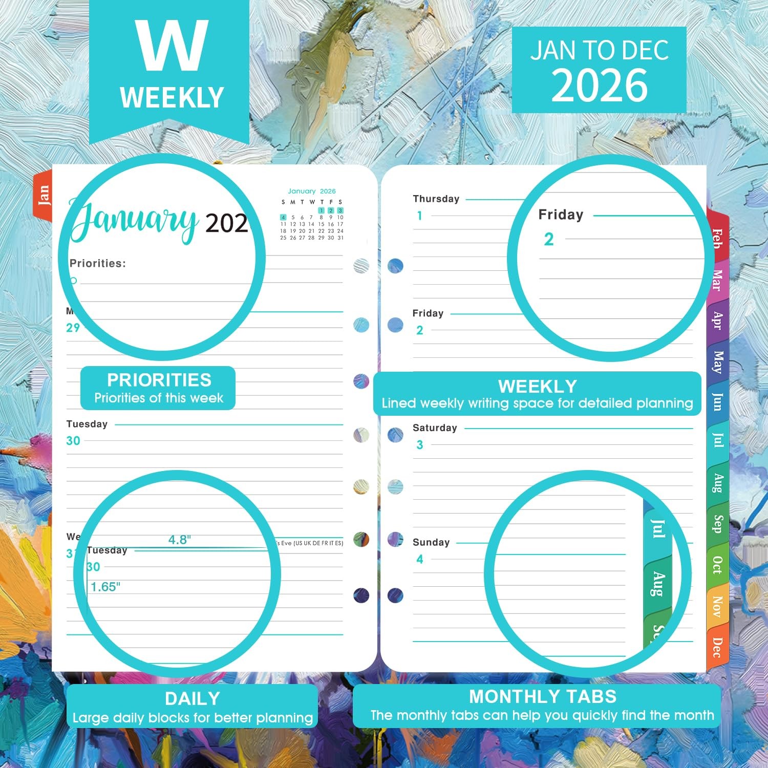 2026 Planner Refills – Inserts with 7-Hole Punched, 5-1/2″ multicolor
