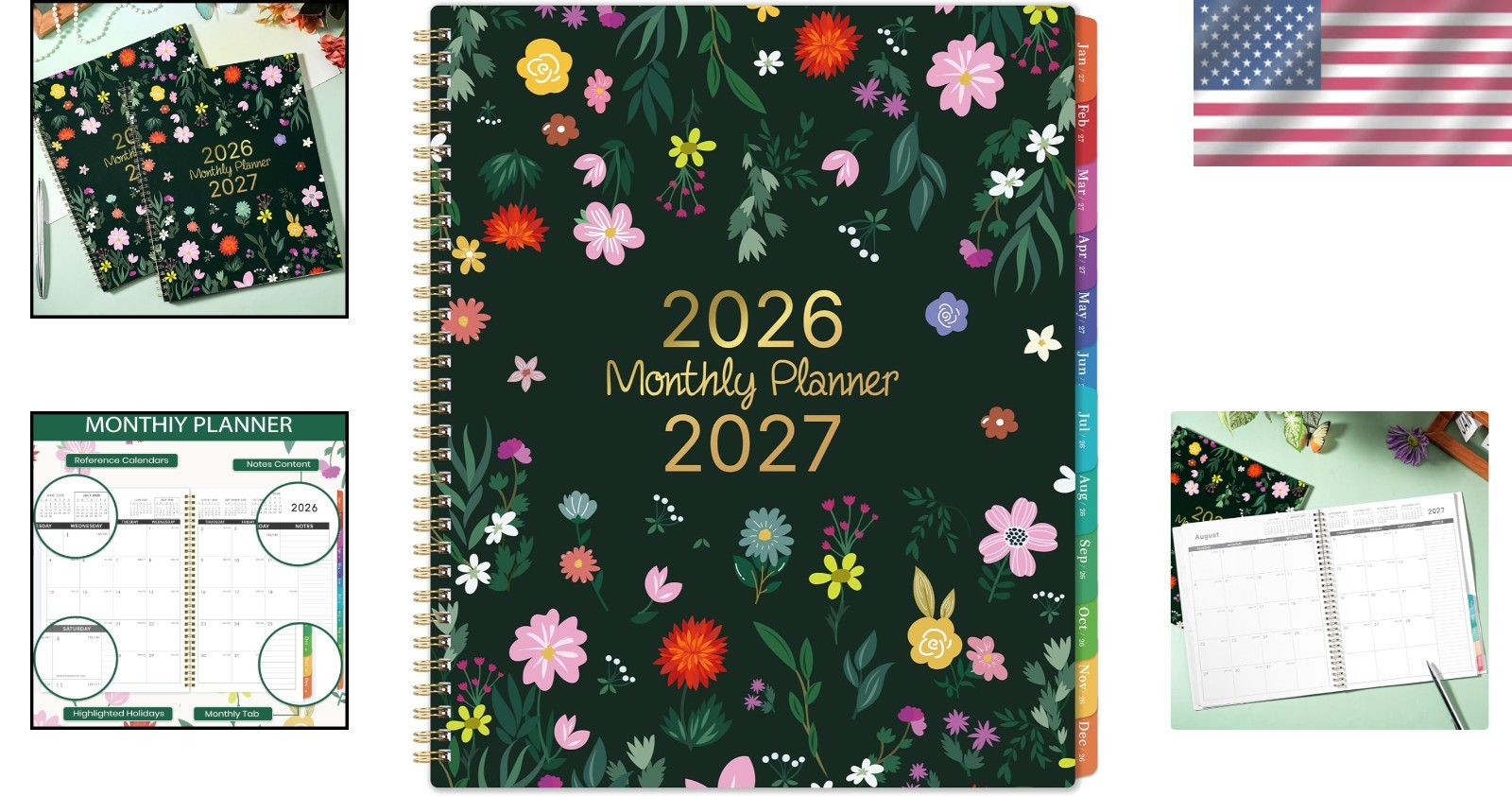 2026-2027 Monthly Calendar – 9″ x 11″ with Colorful Tabs and Back Pocket