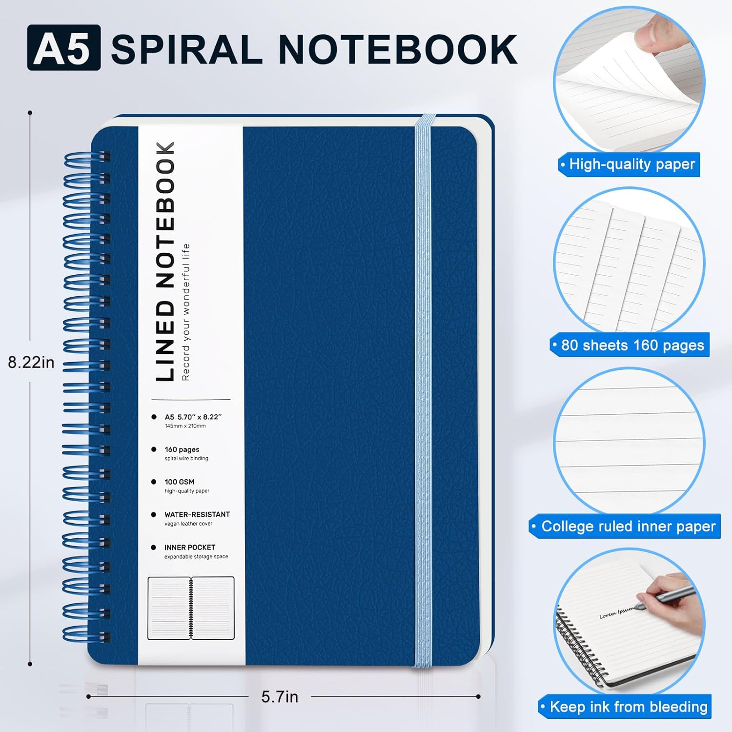 Lined Spiral Journal Notebook with 160 Pages, 8×5.7in, A5 Spiral Notebook, Journ