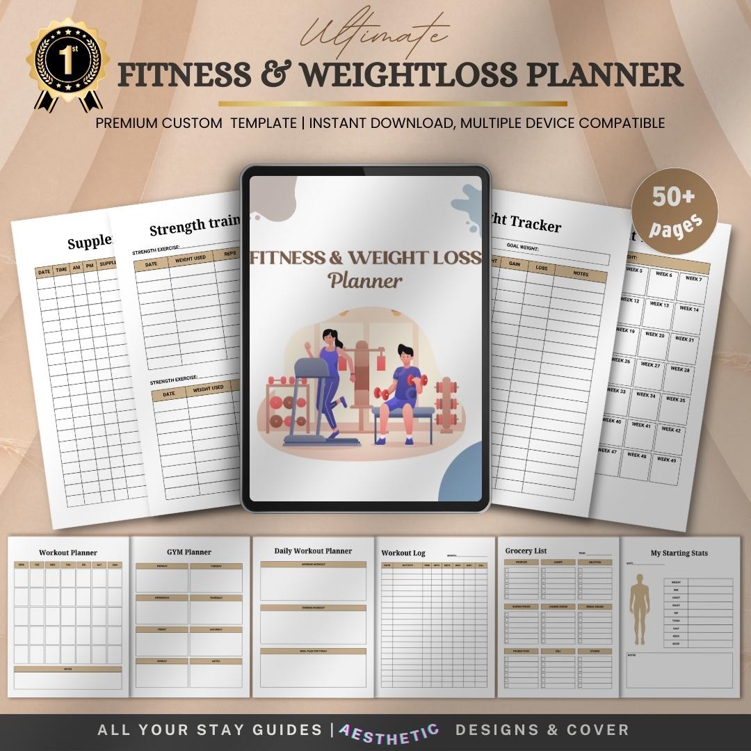 Digital Workout Planner Printable Fitness Tracker Weight Loss Meal Habit Log PDF