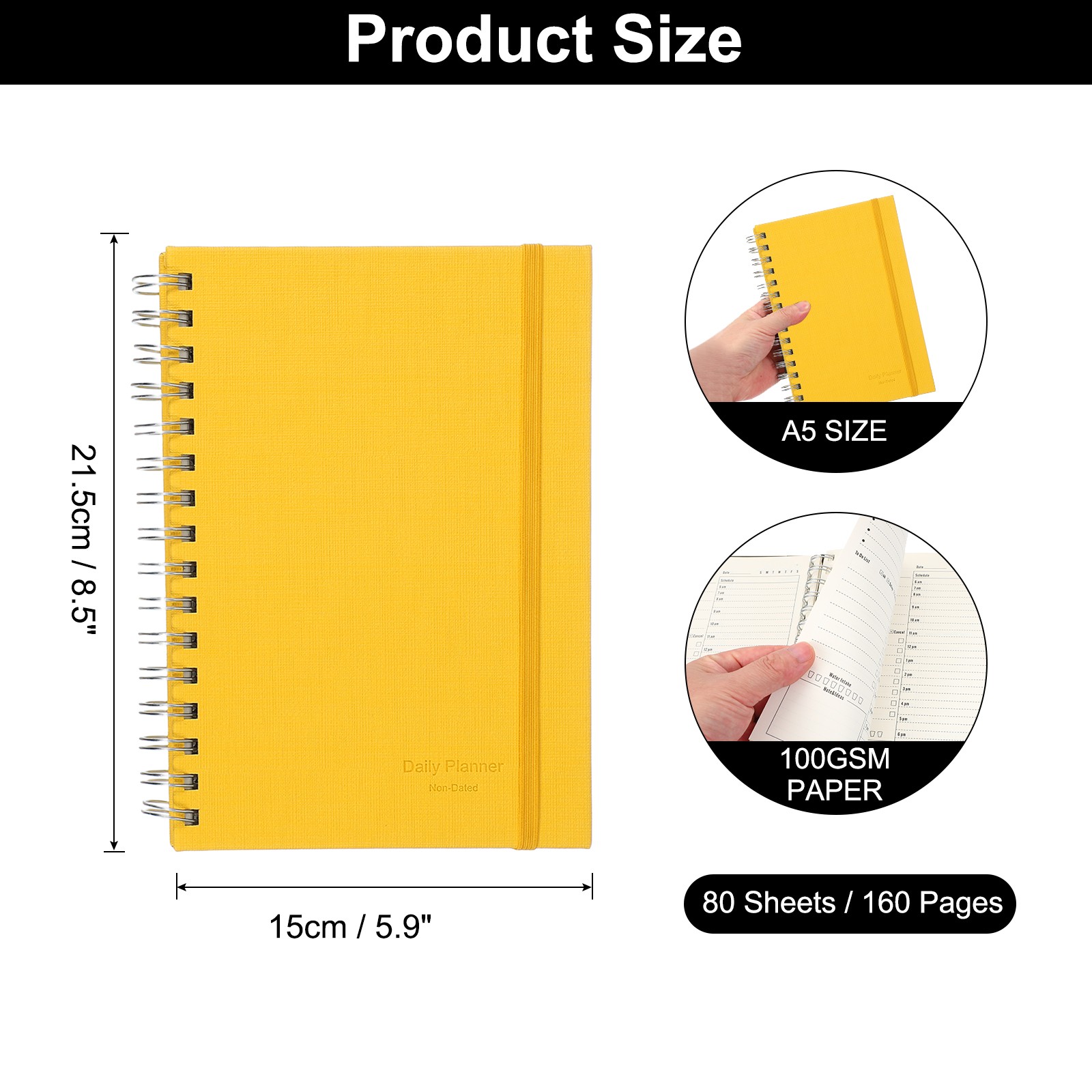 A5 5.5″x 8.5″ Undated Daily Planner with Hourly Schedule Inner Pocket, Yellow