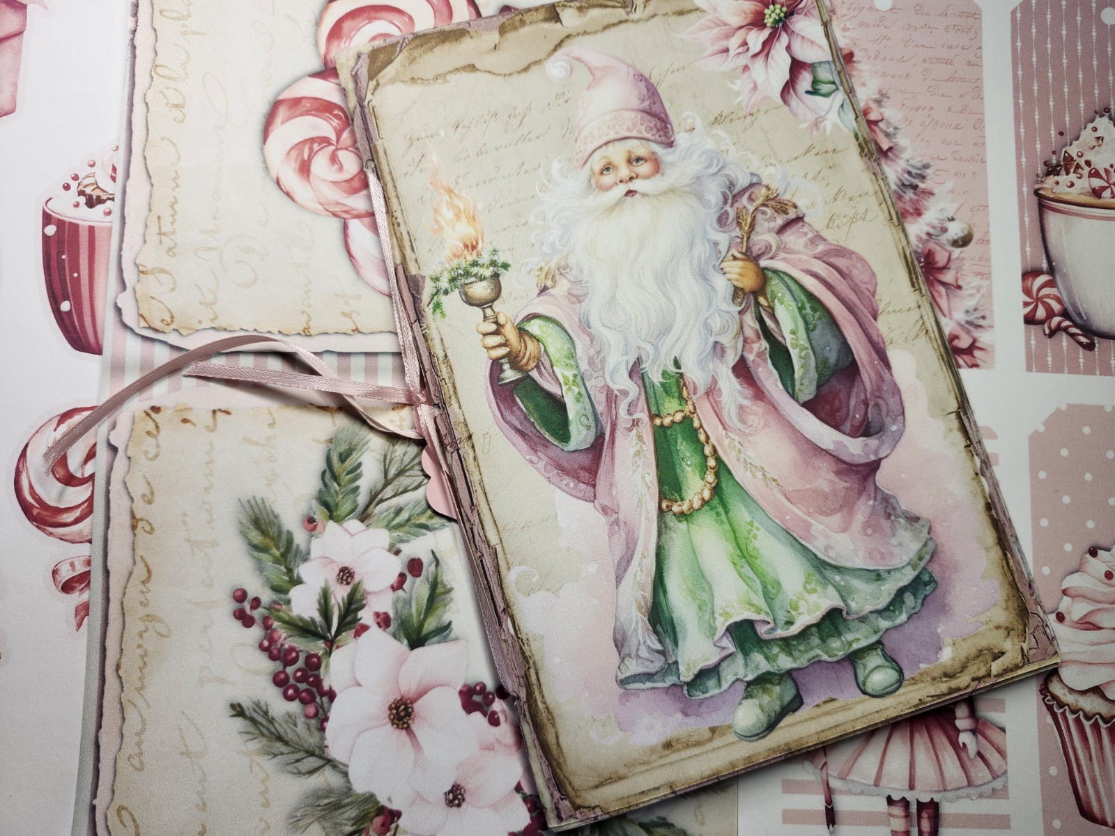 Junk Journal Booklet “PASTEL CHRISTMAS 2” Christmas Pink Holiday LG 9X6 40pgs