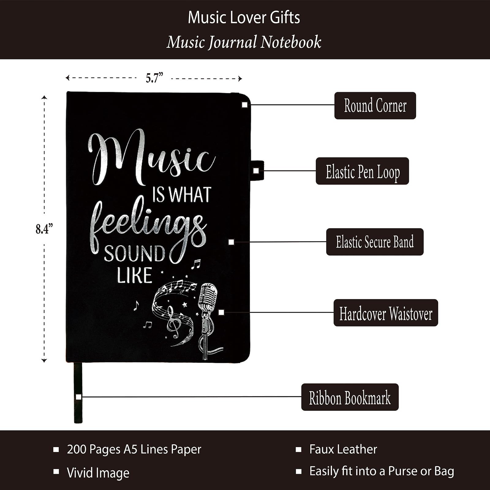 Music Lover Gift Women Men, Journal Black 200 Pages 8.4”x 5.7”,