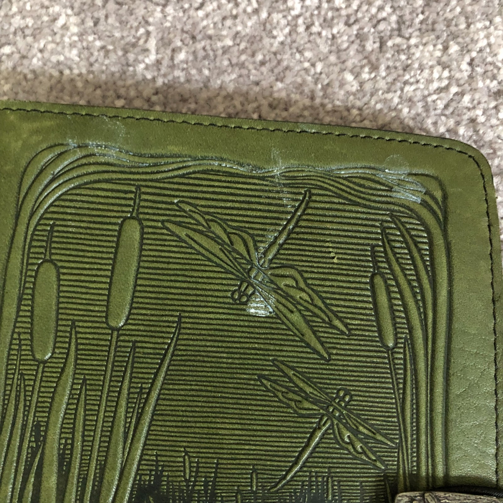 Oberon Design Green leather Dragonfly cat tails E reader cover Journal 8×5