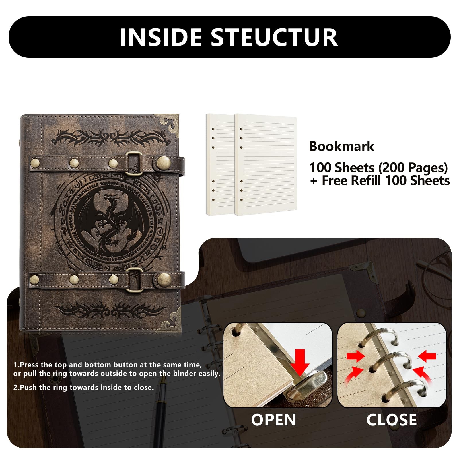 DUROTAN DND Notebook Journal Refillable Leather A5 Binder 400 Pages For Dungeons