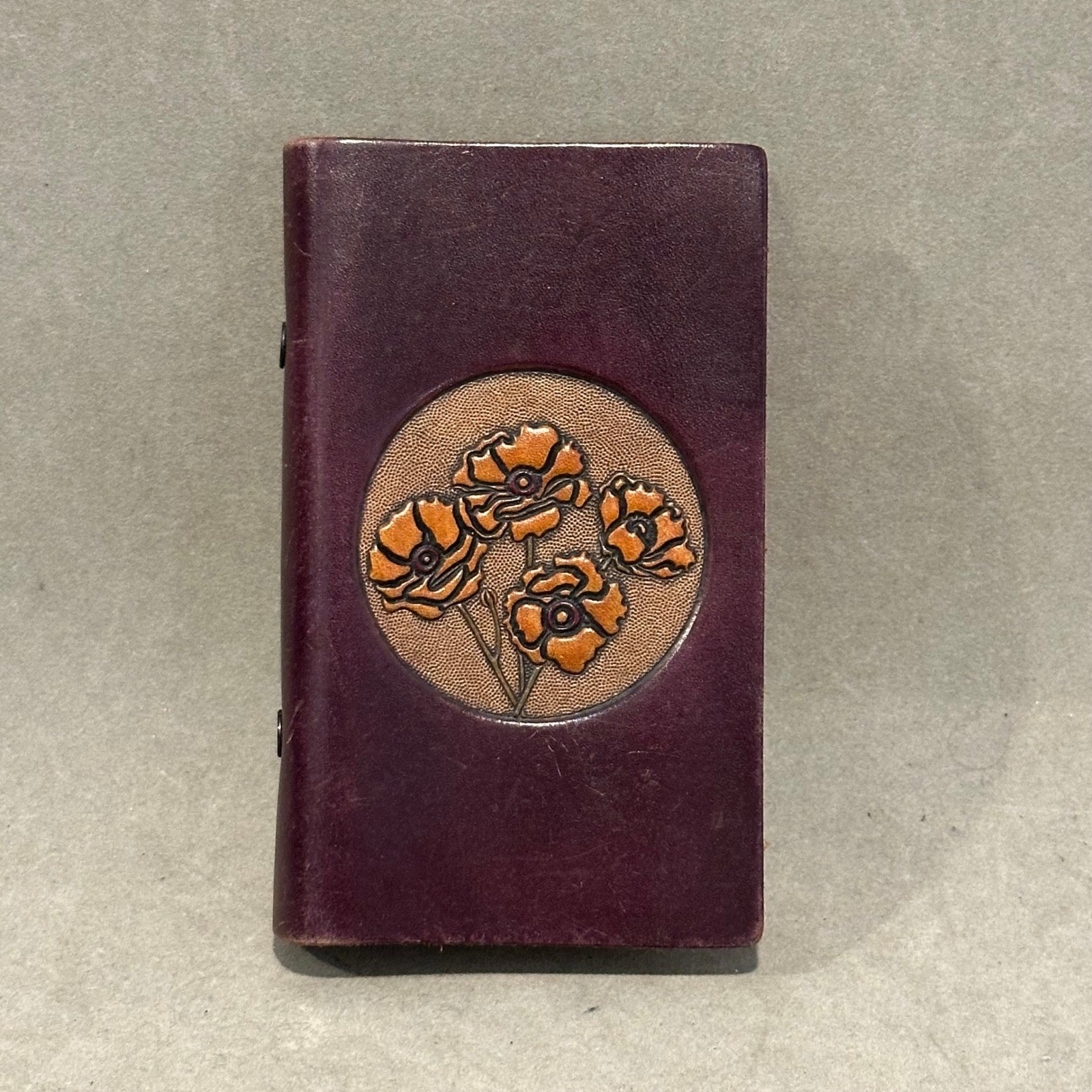 Vintage Tooled Leather Pocket Address Book Purple Poppy Floral Hand Crafted 5.5″