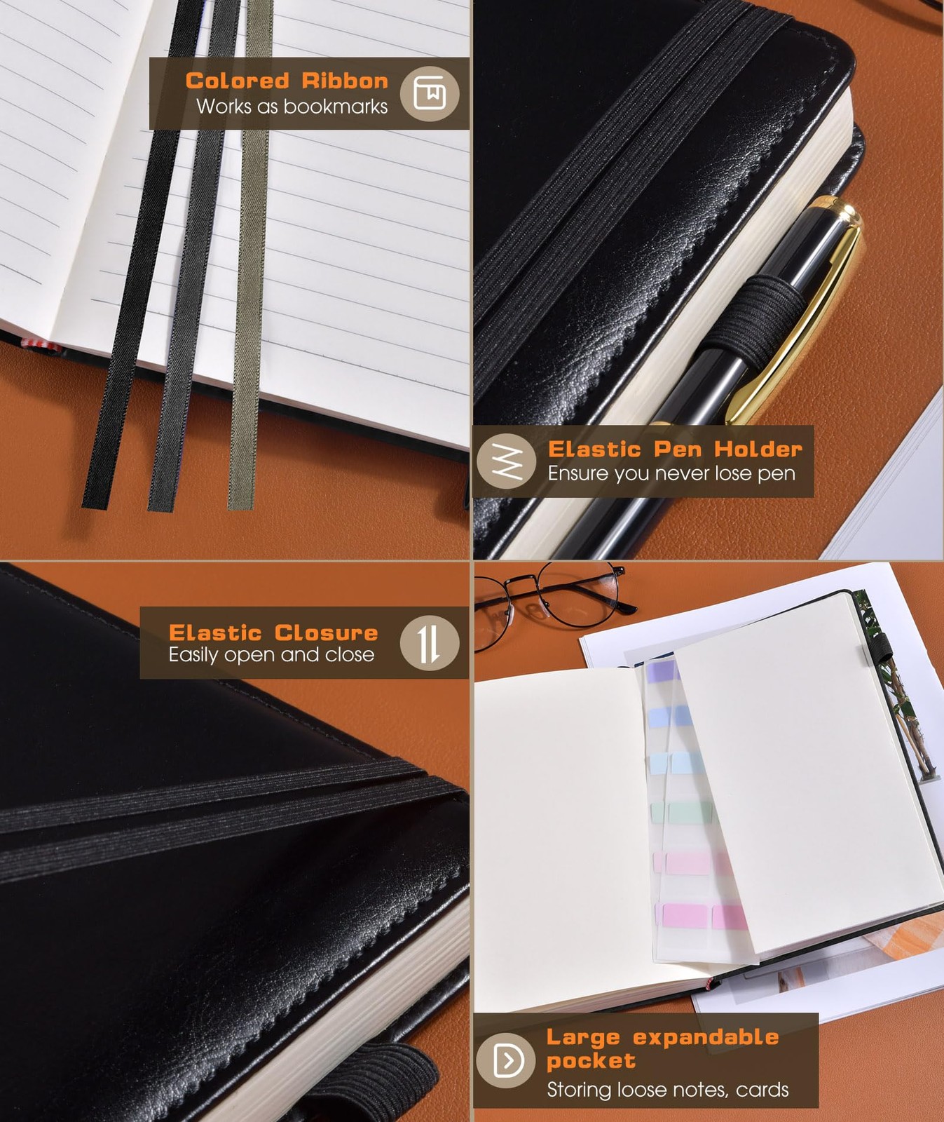 Lined Journal Notebook for Women Men, 256 Numbered Pages Hardcover Black