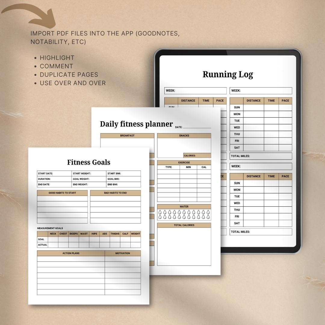 Digital Workout Planner Printable Fitness Tracker Weight Loss Meal Habit Log PDF