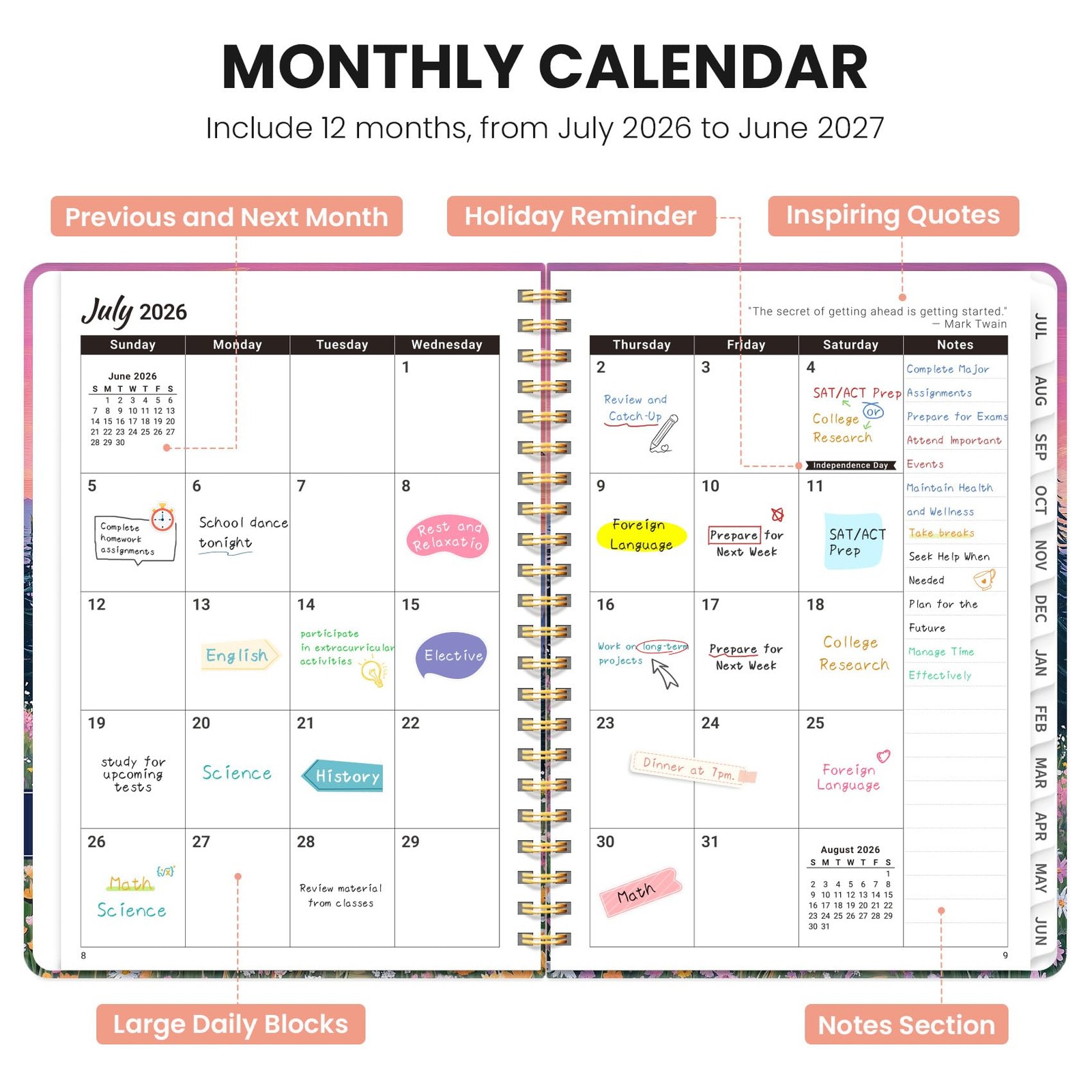 Planner 2026-2027, Academic Year Monthly & A4(8.5″ x 11″), A-Dreamscape Hills