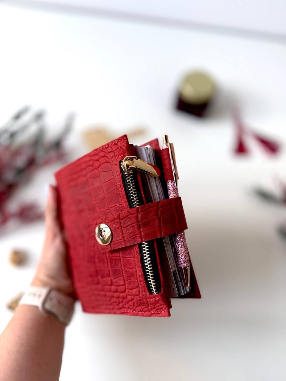 Mini red leather notebook-wallet cover A7 Big rings mini wallet. Mini Planner.