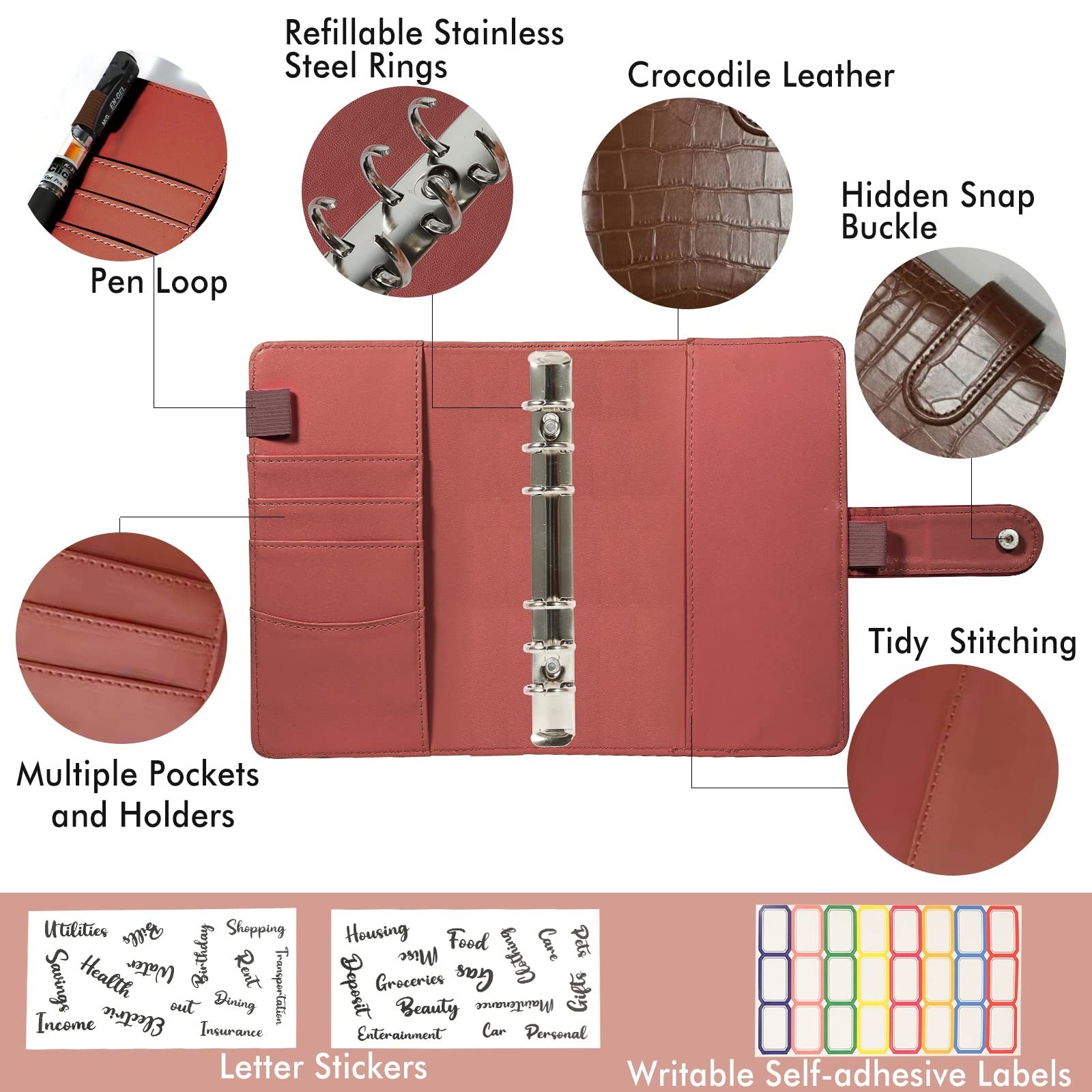 Crocodile Pattern Budget Binder with Zipper Envelopes, A6 Cash Organizer & Plann