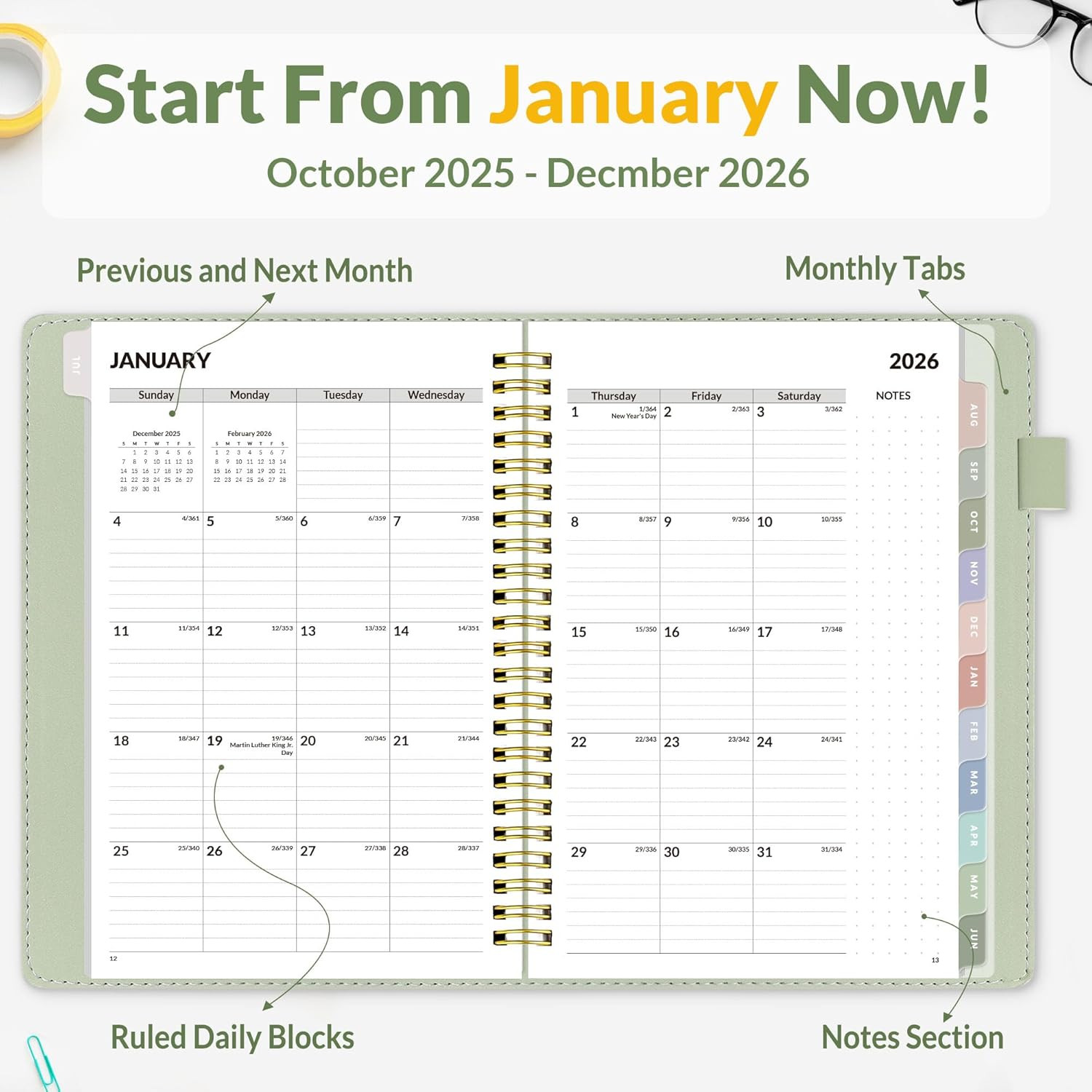 2026 Weekly & Monthly Planner 6.4″X8.5″- 12 Month (January 2026 – December 2026)