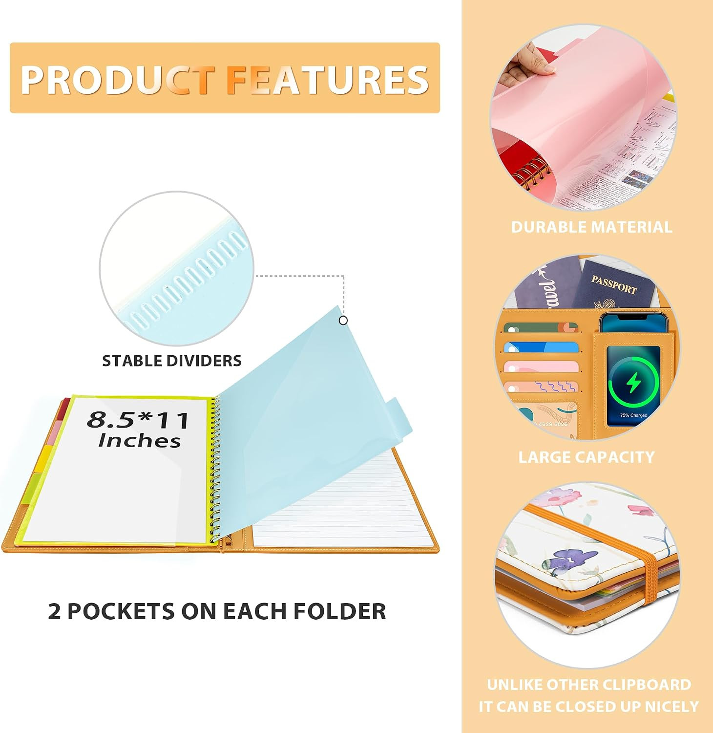 Clipboard with Storage for Women, Leather Padfolio Portfolio Organizer 5 Folders