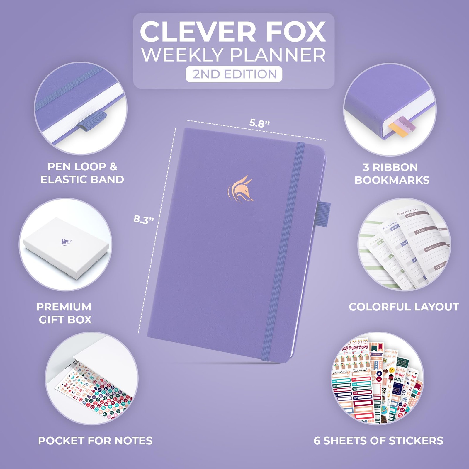 Clever Fox Planner 2nd Edition – A5 (5.8” x 8.3”) Lay-Flat, Lavender