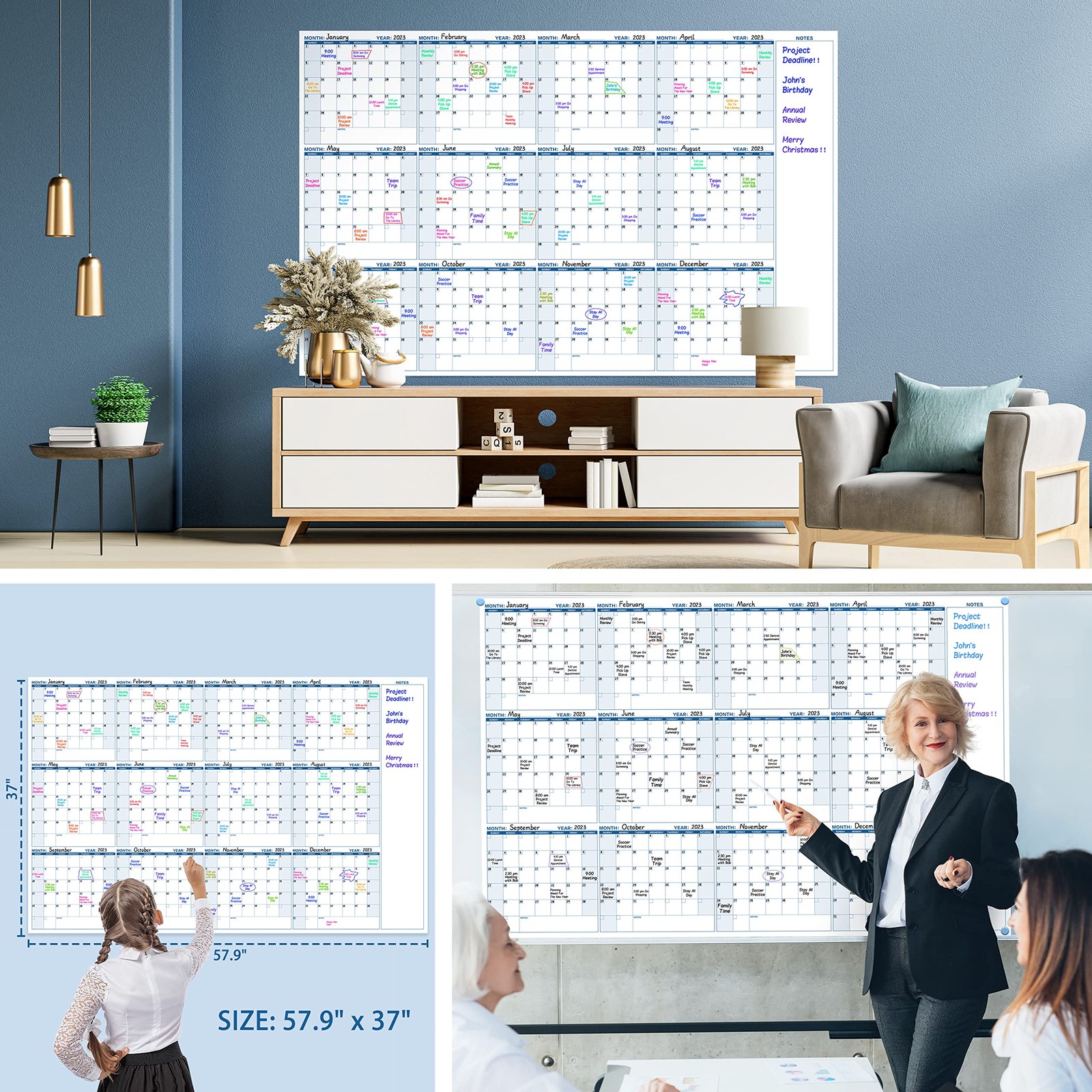 Large Dry Erase Calendar for Wall – Yearly 57.9″ x 37″, blue