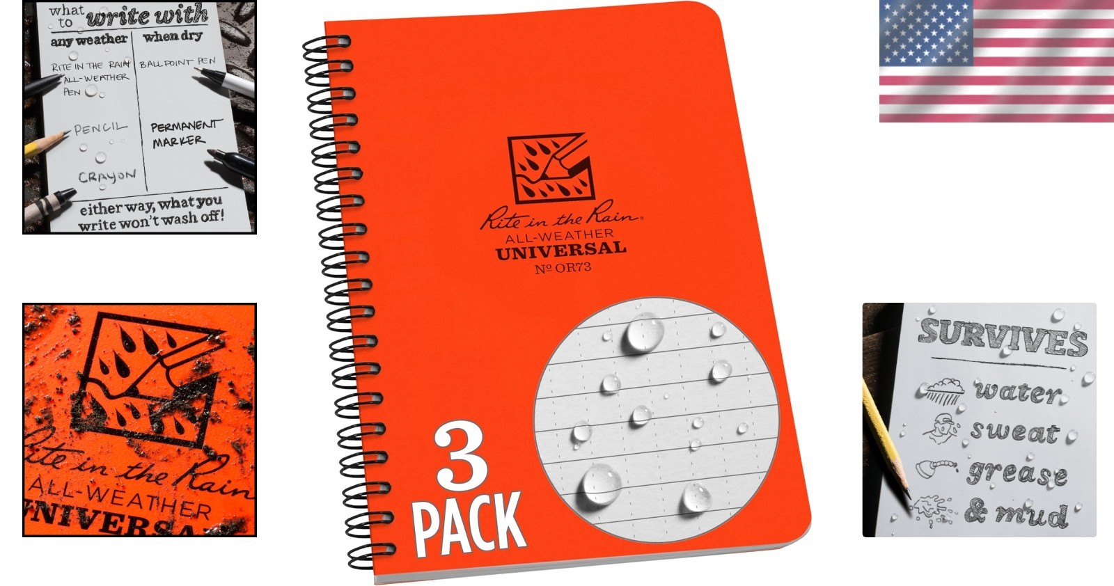 Compact Waterproof Notebook 4.625 Inch x 7 Inch Orange Polydura Cover 3 Count