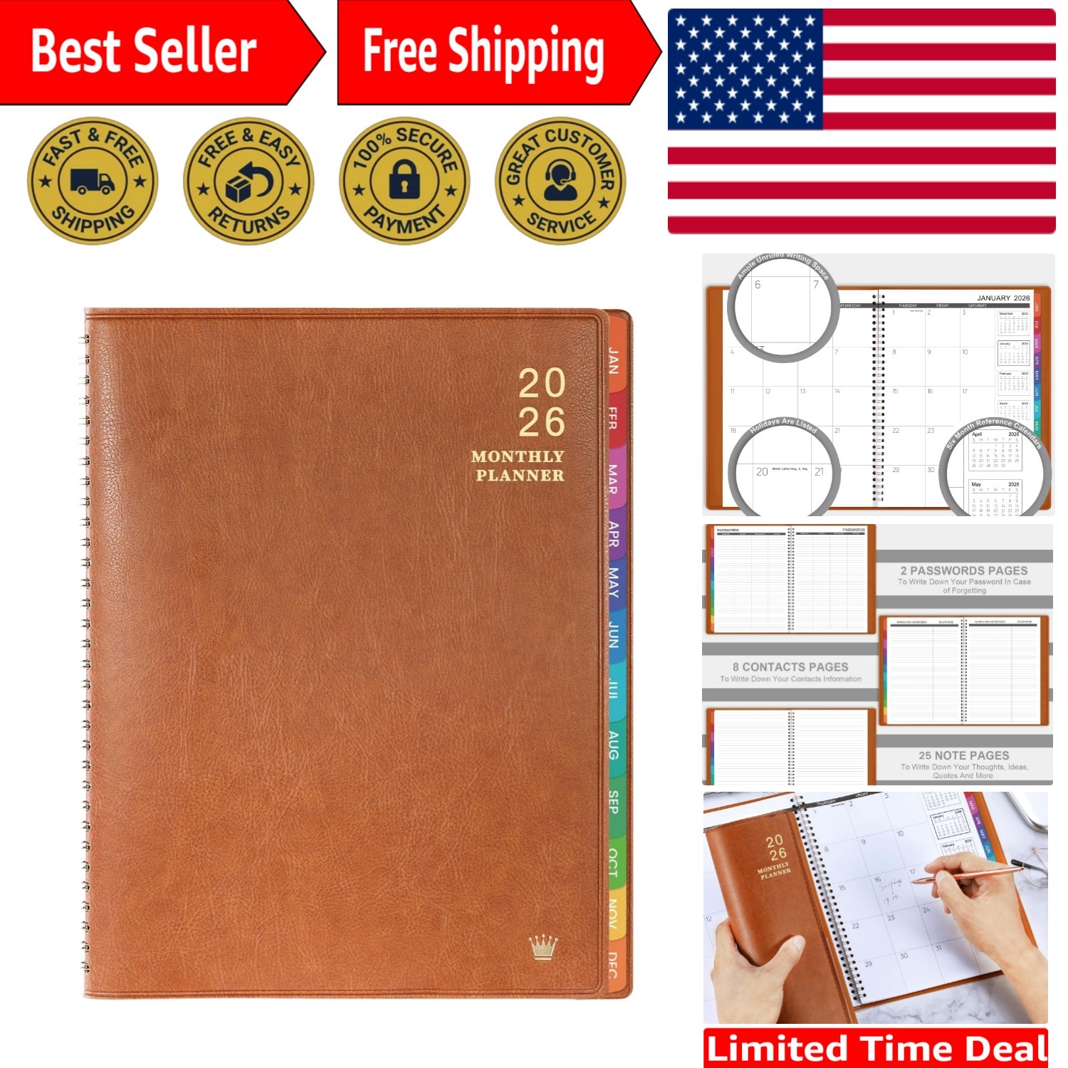 Sophisticated Faux Leather 2026 Planner – 256 Pages, Strong Twin-Wire Binding