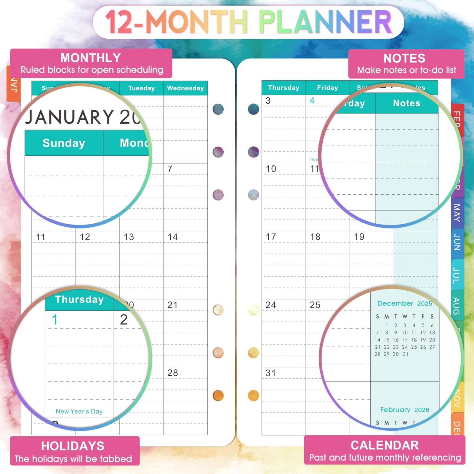 Small Multicolored 2026 Planner Refill with Monthly and Weekly Pages