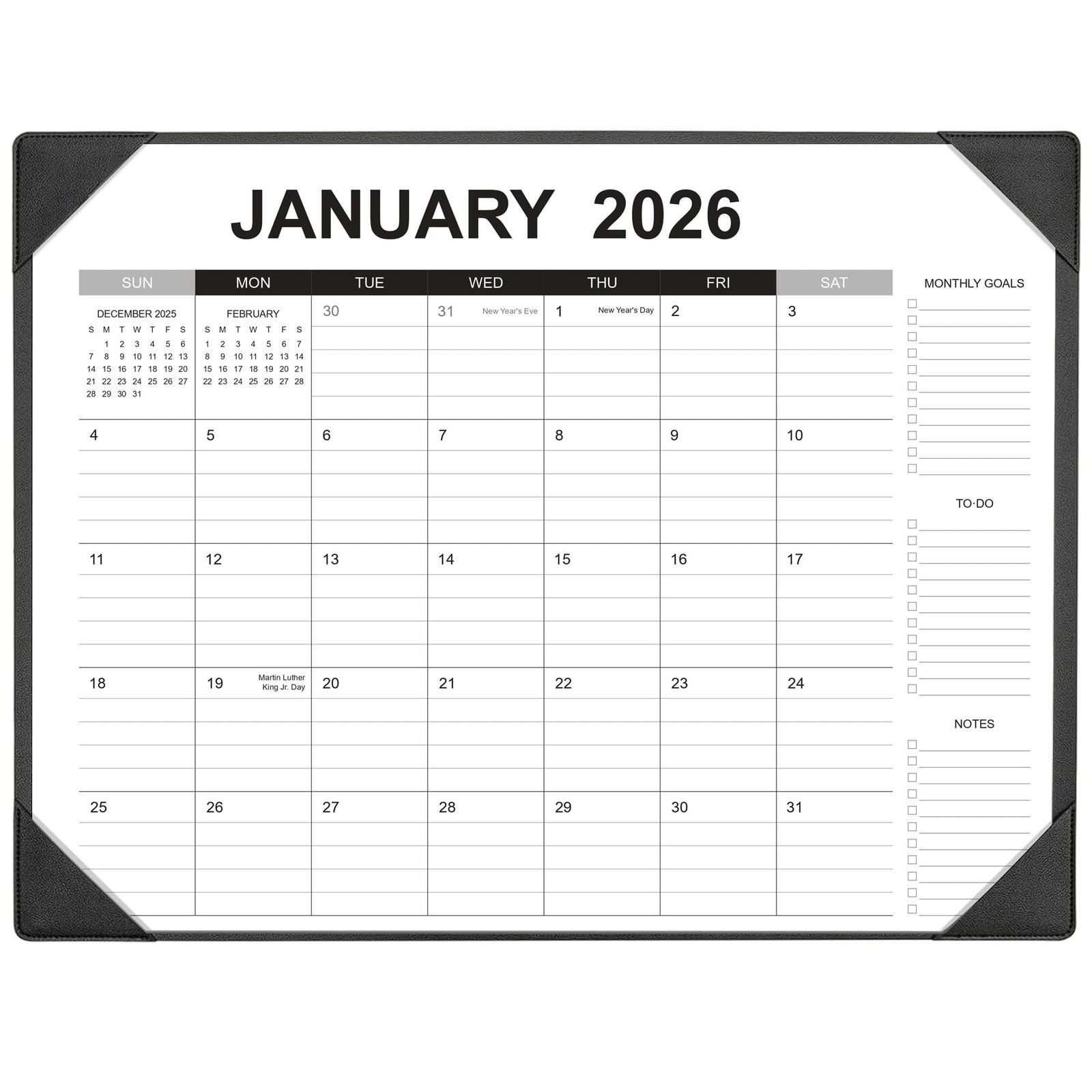 Desk Calendar 2026-2027 with Mat – 22″ x 17″ Large Pad Black