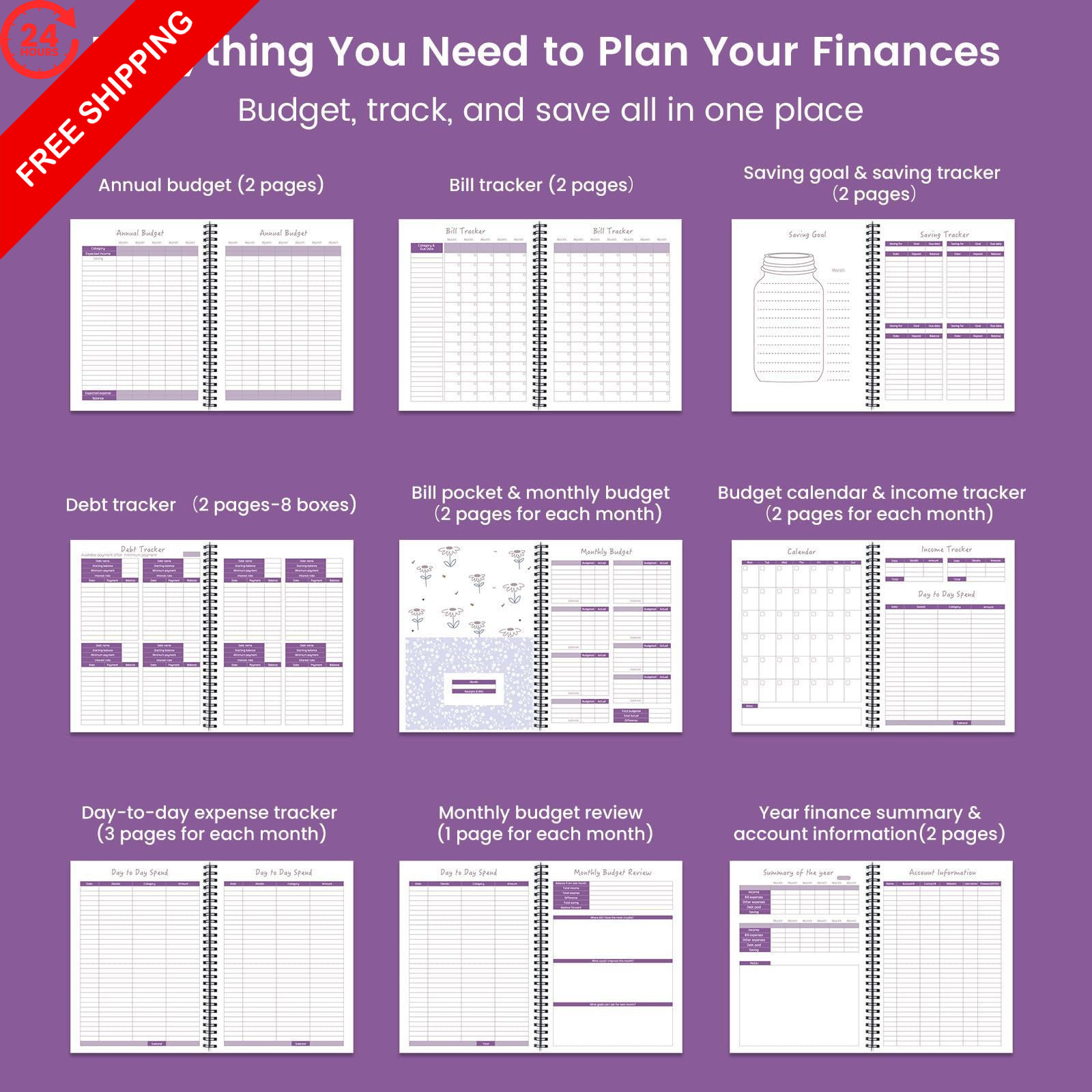 Monthly Budget Planner Book (Undated) with 12 9.25 x 6.81″, Purple Floral