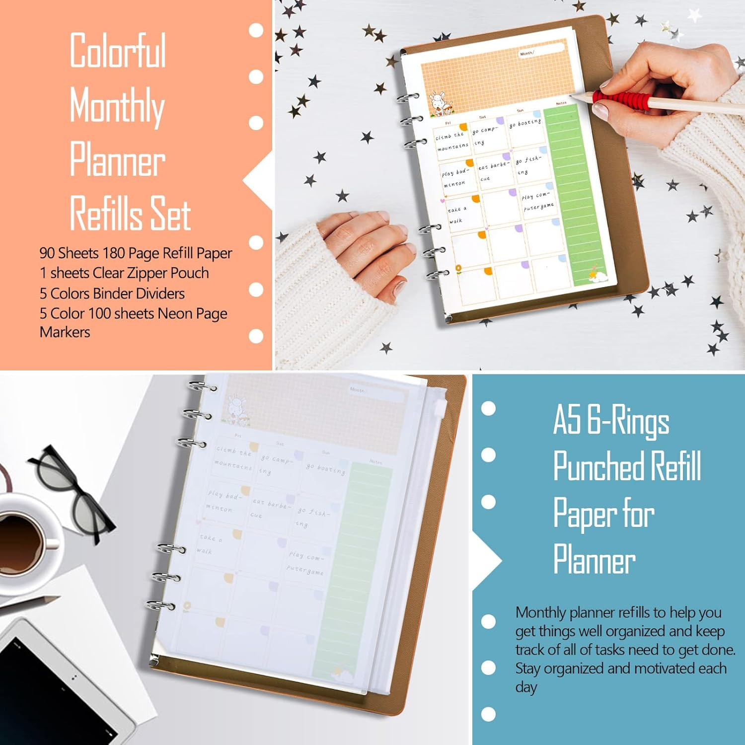 A5 Planner Inserts Monthly Planner Refills, 90 Pages Colorful 6-Ring