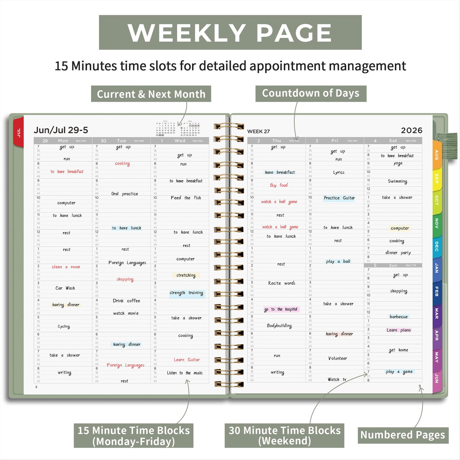 EMSHOI 2026-2027 Appointment Book, 15-Minute 8.7” x 11.3”, Light Green