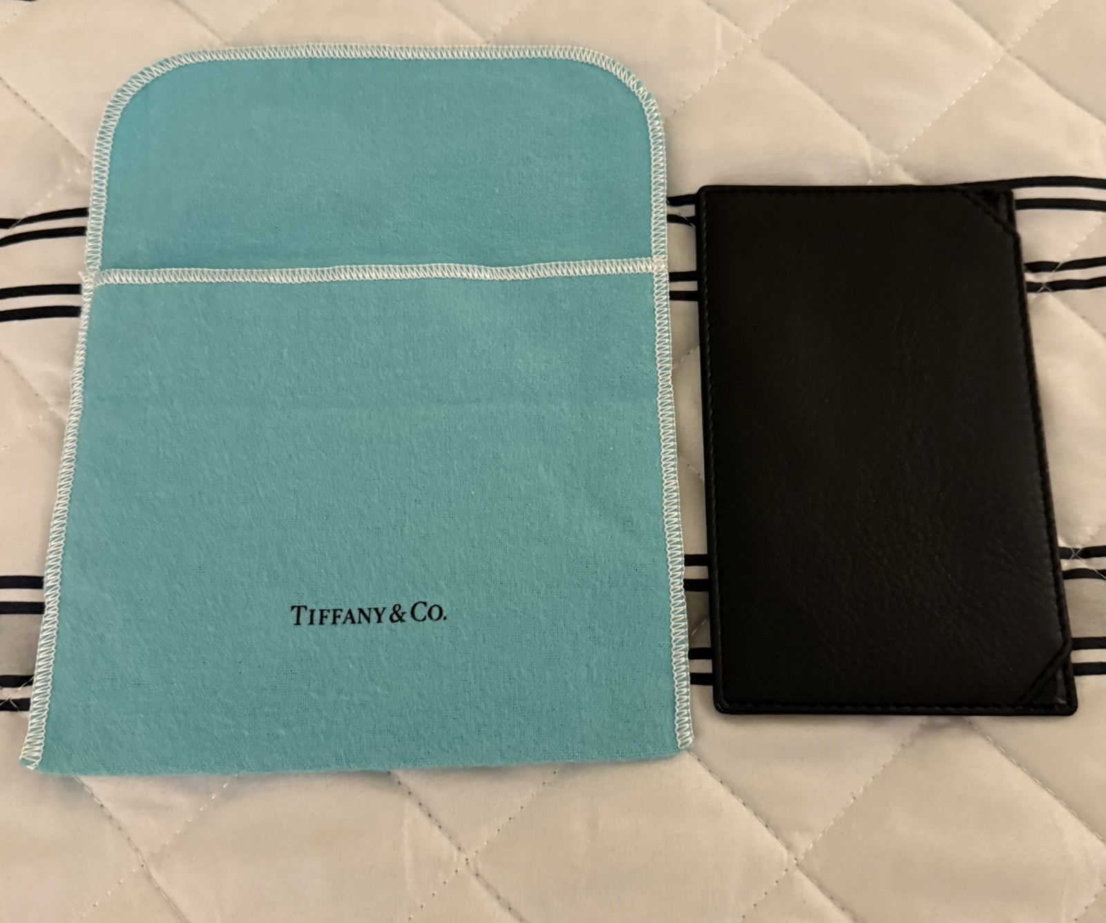 Tiffany & Co. Vintage Black Leather 3 1/2 x 5 1/2 Pocket Note Jotter Blue Pouch