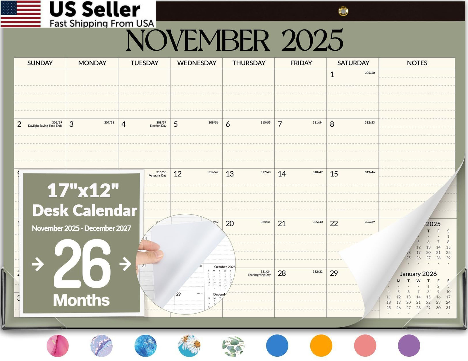 Forvencer Desk Calendar 2026, 26 Months 17 x 12″- (Nov 2025-Dec 2027), Green
