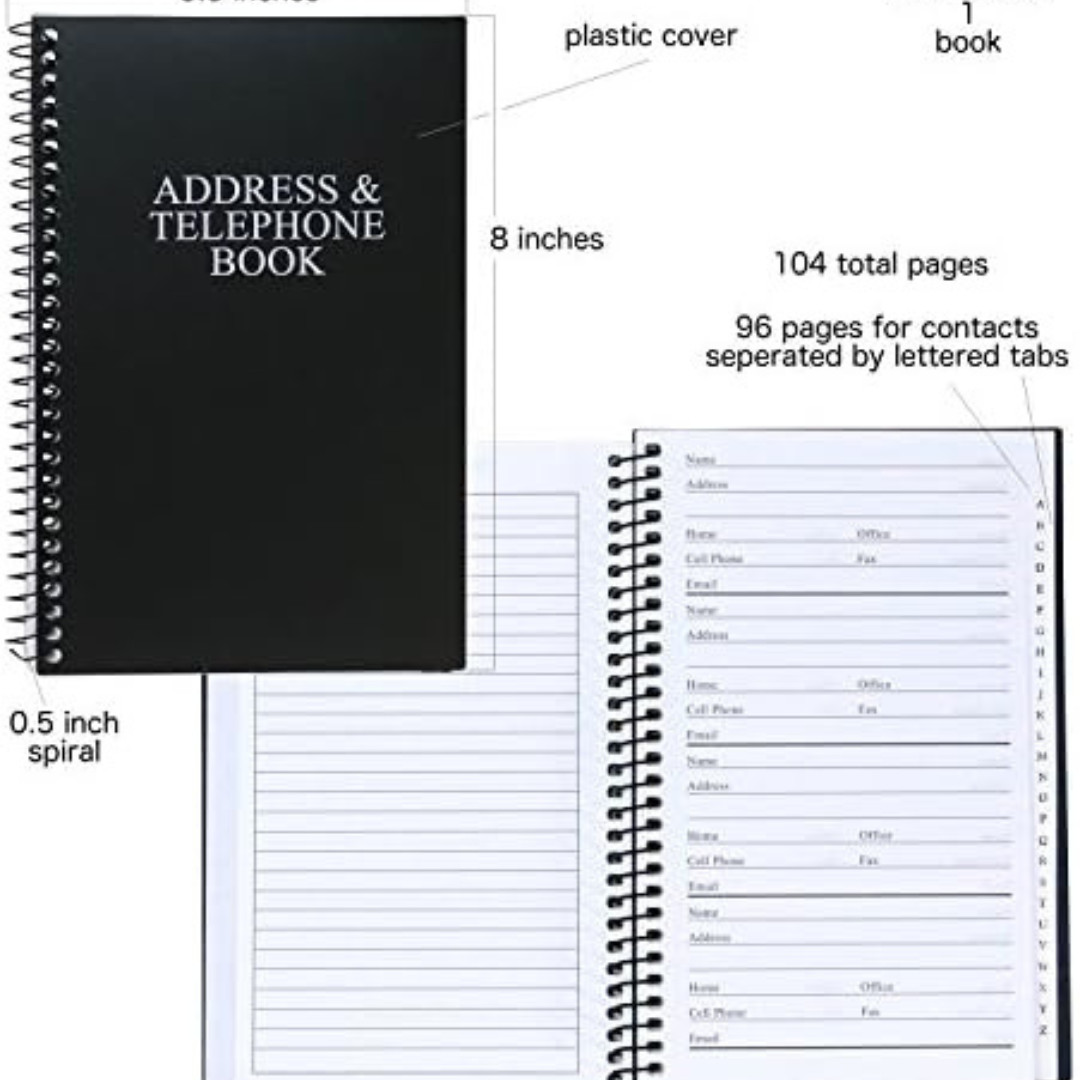 Address and Telephone Book, Black, 8 x 5 inches for Organizing Names, Addresses,