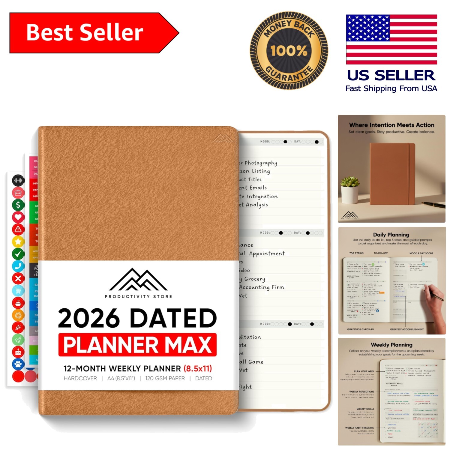 Stylish Brown Hardcover 2026 Planner – 8.5″ x 11″ for Ultimate Productivity
